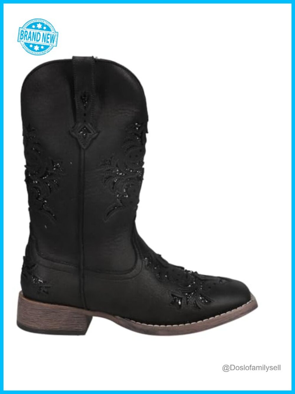 Faux Leather Mid Calf Pull On Square Toe Boots With Glitter Tooled Inlay